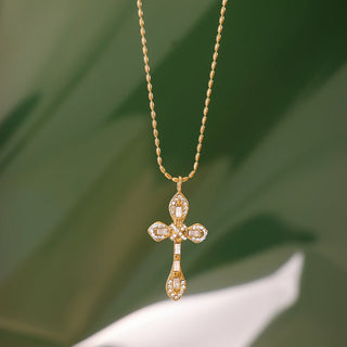 ステンレス304 低ニッケル 水に濡れても錆びにくい 18Kゴールドメッキ ネックレス クロス ジルコニア 【YJ02454】