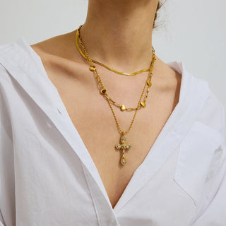 ステンレス304 低ニッケル 水に濡れても錆びにくい 18Kゴールドメッキ ネックレス クロス ジルコニア 【YJ02454】