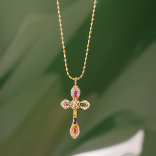 ステンレス304 低ニッケル 水に濡れても錆びにくい 18Kゴールドメッキ ネックレス クロス ジルコニア【YJ02456】