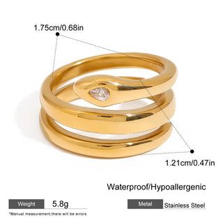 ステンレス304 低ニッケル 水に濡れても錆びにくい 18Kゴールドメッキ リング 3層 蛇 ヘビ スネーク ジルコニア 【YJ02004】
