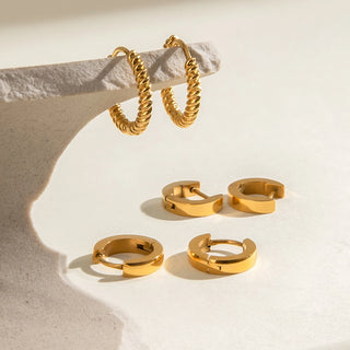ステンレス304 低ニッケル 水に濡れても錆びにくい 18Kゴールドメッキ ピアス フープ ツイスト 3点セット【YJ01316】