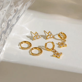 ステンレス304 ニッケルフリー 水に濡れても錆びにくい 18Kゴールドメッキ フープ ピアス フラワー 花 ジルコニア 3点セット【YJ00790】