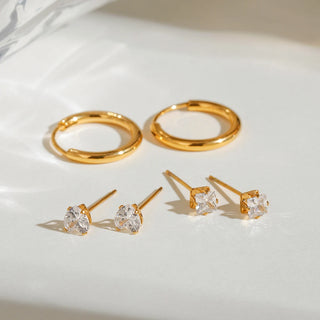 ステンレス304 低ニッケル 水に濡れても錆びにくい 18Kゴールドメッキ ピアス フープ ジルコニア 3点セット【YJ02916】