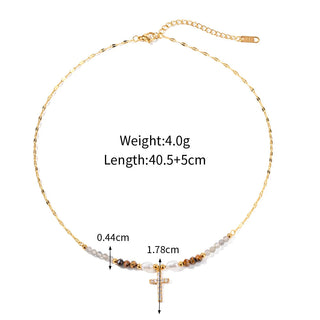 ステンレス304 低ニッケル 水に濡れても錆びにくい 18Kゴールドメッキ ネックレス クロス ジルコニア パール ビーズ【YJ03552】