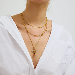 ステンレス304 低ニッケル 水に濡れても錆びにくい 18Kゴールドメッキ ネックレス クロス ジルコニア【YJ02456】