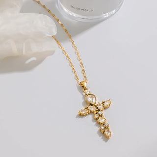ステンレス304 低ニッケル 水に濡れても錆びにくい 18Kゴールドメッキ ネックレス クロス ジルコニア 【YJ02452】
