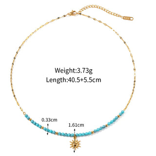 ステンレス304 低ニッケル 水に濡れても錆びにくい 18Kゴールドメッキ ネックレス チェーン 太陽 ターコイズ ビーズ【YJ03553】