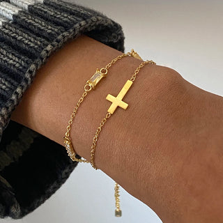 ステンレス304 低ニッケル 水に濡れても錆びにくい 18Kゴールドメッキ ブレスレット チャーム クロス 誕生石 【YJ02774】