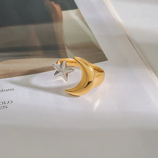 ステンレス304 低ニッケル 水に濡れても錆びにくい 18Kゴールドメッキ リング スター 星 月 【YJ02720】
