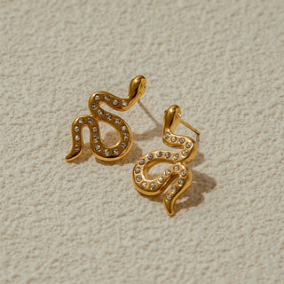ステンレス304 ニッケルフリー 水に濡れても錆びにくい 18Kゴールドメッキ ピアス スネーク 蛇 ジルコニア【YJ00083】