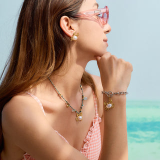 ステンレス304 ニッケルフリー 水に濡れても錆びにくい 18Kゴールドメッキ シェル 貝殻 魚 フィッシュ 天然石風ストーン 【YJ00776】