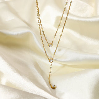 ステンレス304 低ニッケル 水に濡れても錆びにくい 18Kゴールドメッキ ネックレス 2連 チェーン ジルコニア 【YJ03924】