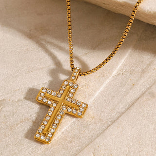 ステンレス304 低ニッケル 水に濡れても錆びにくい 18Kゴールドメッキ ネックレス クロス ジルコニア【YJ03264】