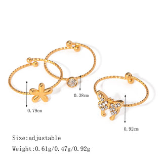 ステンレス304 低ニッケル 水に濡れても錆びにくい 18Kゴールドメッキ リング フラワー 花 リボン ジルコニア 3点セット【YJ02344】