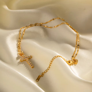 ステンレス304 低ニッケル 水に濡れても錆びにくい 18Kゴールドメッキ ネックレス クロス ジルコニア 【YJ02756】