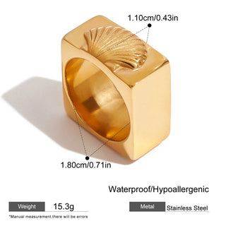 ステンレス304 ニッケルフリー 水に濡れても錆びにくい 18Kゴールドメッキ リング シェル 貝殻 スクエア 【YJ00102】