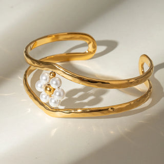 ステンレス304 低ニッケル 水に濡れても錆びにくい 18Kゴールドメッキ ブレスレット 2層 フラワー 花 パール 【YJ02629】