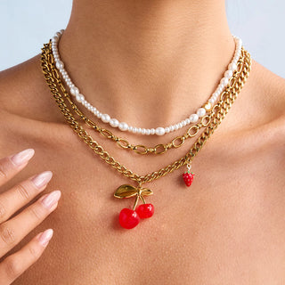 ステンレス304 ニッケルフリー 水に濡れても錆びにくい 18Kゴールドメッキ ネックレス さくらんぼ チェリー 【YJ00290】