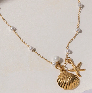 ステンレス304 ニッケルフリー 水に濡れても錆びにくい 18Kゴールドメッキ ネックレス ヒトデ シェル 貝殻 パール 【YJ00622】