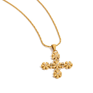 ステンレス304 低ニッケル 水に濡れても錆びにくい 18Kゴールドメッキ ネックレス クロス フラワー 花 ジルコニア 【YJ01666】