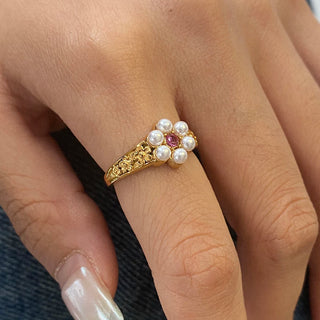 ステンレス304 低ニッケル 水に濡れても錆びにくい 18Kゴールドメッキ リング フラワー 花 パール 【YJ01969】