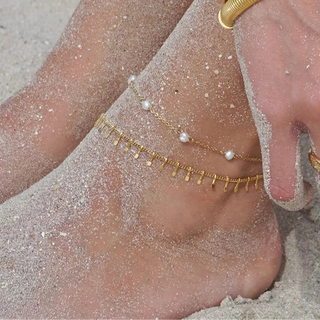 ステンレス304 低ニッケル 水に濡れても錆びにくい 18Kゴールドメッキ アンクレット チェーン パール 【YJ02488】