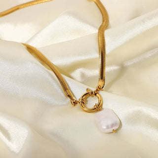 ステンレス304 低ニッケル 水に濡れても錆びにくい 18Kゴールドメッキ ネックレス スネークチェーン バロックパール 【YJ01583】