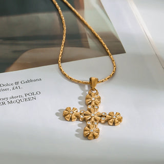 ステンレス304 低ニッケル 水に濡れても錆びにくい 18Kゴールドメッキ ネックレス クロス フラワー 花 ジルコニア 【YJ01666】