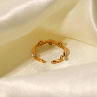 ステンレス304 低ニッケル 水に濡れても錆びにくい 18Kゴールドメッキ リング ジルコニア パール 【YJ02054】