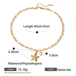 ステンレス304 低ニッケル 水に濡れても錆びにくい 18Kゴールドメッキ ネックレス ヒトデ パール 【YJ02657】