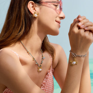 ステンレス304 ニッケルフリー 水に濡れても錆びにくい 18Kゴールドメッキ シェル 貝殻 魚 フィッシュ 天然石風ストーン 【YJ00776】