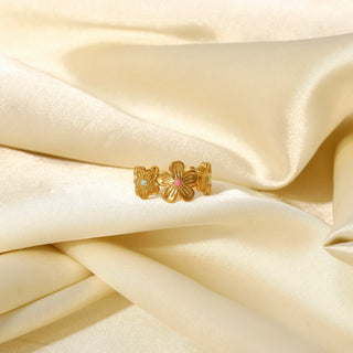 ステンレス304 低ニッケル 水に濡れても錆びにくい 18Kゴールドメッキ リング フラワー 花 エナメル 【YJ01754】