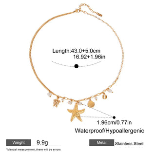 ステンレス304 ニッケルフリー 水に濡れても錆びにくい 18Kゴールドメッキ ネックレス ヒトデ シェル 貝殻 【YJ00067】