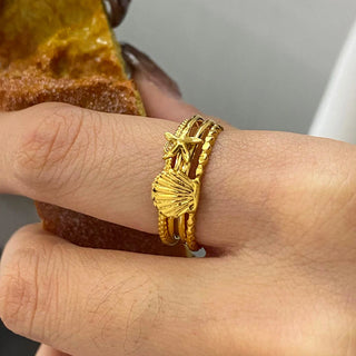 ステンレス304 低ニッケル 水に濡れても錆びにくい 18Kゴールドメッキ リング シェル 貝殻  ヒトデ【YJ02704】
