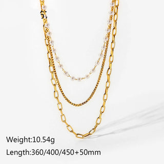 ステンレス304 低ニッケル 水に濡れても錆びにくい 18Kゴールドメッキ ネックレス チェーン 3連 パール 【YJ02617】