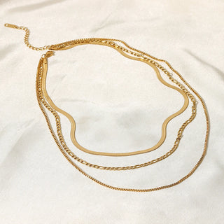 ステンレス304 低ニッケル 水に濡れても錆びにくい 18Kゴールドメッキ ネックレス 3連 チェーン スネークチェーン 【YJ03301】
