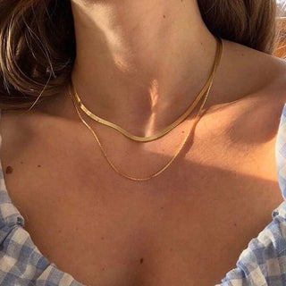 ステンレス304 低ニッケル 水に濡れても錆びにくい 18Kゴールドメッキ ネックレス 2連 スネークチェーン  【YJ02632】