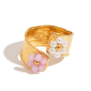 ステンレス304 ニッケルフリー 水に濡れても錆びにくい リング フラワー 花 パール クリスタル 【YJ00387】