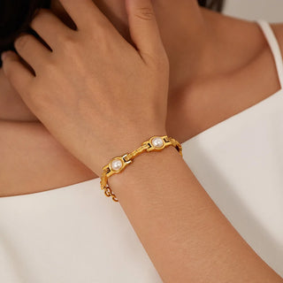 ステンレス304 低ニッケル 水に濡れても錆びにくい 18Kゴールドメッキ ブレスレット チェーン パール 【YJ01529】
