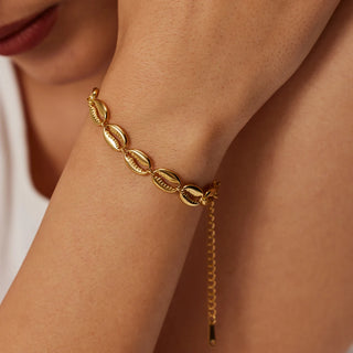 ステンレス304 低ニッケル 水に濡れても錆びにくい 18Kゴールドメッキ ブレスレット シェル 貝殻 【YJ02662】