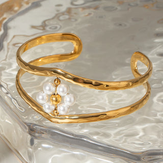 ステンレス304 低ニッケル 水に濡れても錆びにくい 18Kゴールドメッキ ブレスレット 2層 フラワー 花 パール 【YJ02629】