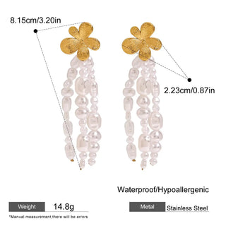ステンレス304 低ニッケル 水に濡れても錆びにくい 18Kゴールドメッキ ピアス タッセル フラワー 花 パール 【YJ01952】