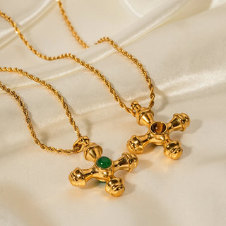 ステンレス304 低ニッケル 水に濡れても錆びにくい 18Kゴールドメッキ ネックレス クロス  天然石風ストーン 【YJ02094】