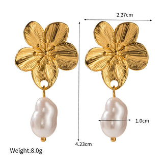 ステンレス304 低ニッケル 水に濡れても錆びにくい 18Kゴールドメッキ ピアス フラワー 花 バロックパール【YJ04024】