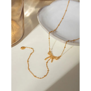 ステンレス304 低ニッケル 水に濡れても錆びにくい 18Kゴールドメッキ ネックレス ティアドロップ リボン 【YJ03857】