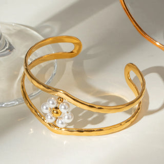 ステンレス304 低ニッケル 水に濡れても錆びにくい 18Kゴールドメッキ ブレスレット 2層 フラワー 花 パール 【YJ02629】