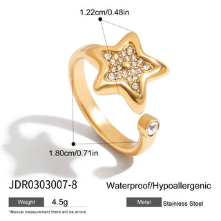 ステンレス304 低ニッケル 水に濡れても錆びにくい 18Kゴールドメッキ リング スター 星 ジルコニア 【YJ01005】
