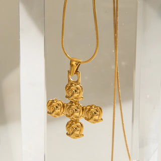 ステンレス304 低ニッケル 水に濡れても錆びにくい 18Kゴールドメッキ ネックレス スネークチェーン クロス 薔薇 ローズ 【YJ03139】