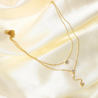 ステンレス304 低ニッケル 水に濡れても錆びにくい 18Kゴールドメッキ ネックレス 2連 チェーン ジルコニア 【YJ03924】