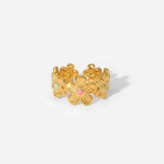 ステンレス304 低ニッケル 水に濡れても錆びにくい 18Kゴールドメッキ リング フラワー 花 エナメル 【YJ01754】
